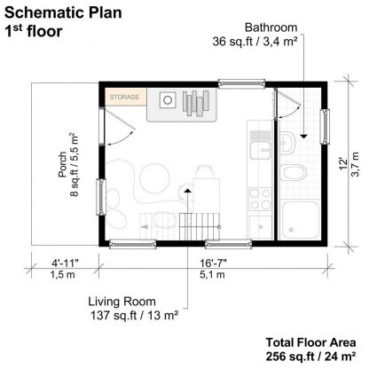 Planos de cabaña de un dormitorio Shirley - Imagen 2